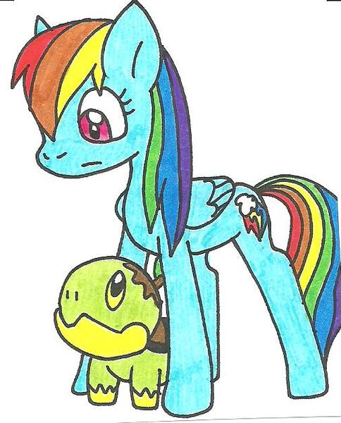 Size: 507x628 | Tagged: artist:cmara, crossover, derpibooru import, pokémon, rainbow dash, safe, traditional art, turtwig