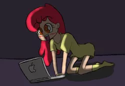 Size: 1174x811 | Tagged: apple bloom, apple (company), artist:lesbocarwash, clothes, computer, derpibooru import, human, humanized, laptop computer, open mouth, safe, socks, solo, sweat, wingding eyes