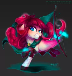Size: 2388x2512 | Tagged: arrow, artist:wilvarin-liadon, bow and arrow, bow (weapon), cloak, clothes, derpibooru import, oc, oc:sapphire feather, safe, solo, unofficial characters only, weapon