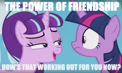 Size: 1322x792 | Tagged: safe, derpibooru import, edit, screencap, starlight glimmer, twilight sparkle, twilight sparkle (alicorn), alicorn, pony, the cutie re-mark, female, mare, meme, starlight's secret, teasing, text edit