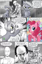 Size: 1260x1920 | Tagged: safe, artist:pencils, derpibooru import, limestone pie, marble pie, pinkie pie, oc, oc:anon, earth pony, human, pony, comic:anon's pie adventure, ..., :t, angry, boop, comic, eye contact, female, glare, human male, jealous, limetsun pie, looking at each other, male, mare, noseboop, one punch man, open mouth, pointing, poker face, raised hoof, reference, saitama, scrunchy face, sitting, tsundere, underhoof