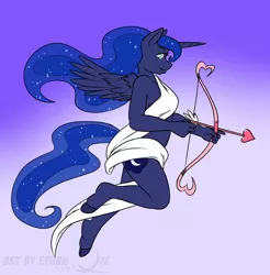 Size: 950x965 | Tagged: alicorn, anthro, arrow, artist:ethanqix, bow and arrow, bow (weapon), clothes, cupid, derpibooru import, female, hoof feet, princess luna, safe, solo, weapon