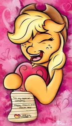 Size: 1555x2695 | Tagged: safe, artist:johesy, derpibooru import, applejack, eyes closed, hearts and hooves day, holiday, present, smiling, solo, valentine's day