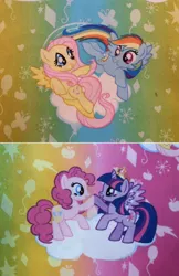 Size: 1280x1980 | Tagged: safe, derpibooru import, part of a set, fluttershy, pinkie pie, rainbow dash, twilight sparkle, twilight sparkle (alicorn), alicorn, pony, fabric, female, flying, hoofbump, irl, jewelry, jo-ann's fabrics, mare, merchandise, open mouth, photo, smiling, tiara