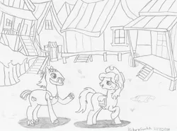 Size: 1024x757 | Tagged: artist:hickory17, bag, bandana, cajun ponies, clothes, cowboy hat, derpibooru import, deuce switchell, hat, hickory's journey, lineart, monochrome, oc, oc:hickory switch, overalls, saddle bag, safe, show accurate, stetson, swamp, traditional art