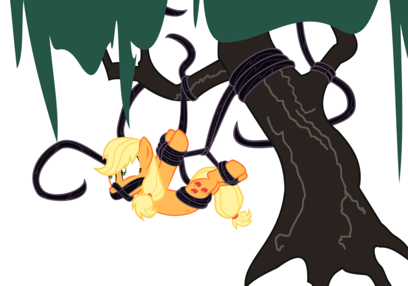 Size: 1024x718 | Tagged: applejack, artist:dr-rum, bdsm, bondage, bound, captured, commission, derpibooru import, gag, hanging, i've seen enough hentai to know where this is going, strappado, suggestive, suspended, tied up, vine