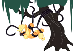 Size: 1024x718 | Tagged: applejack, artist:dr-rum, bdsm, bondage, bound, captured, commission, derpibooru import, gag, hanging, i've seen enough hentai to know where this is going, strappado, suggestive, suspended, tied up, vine