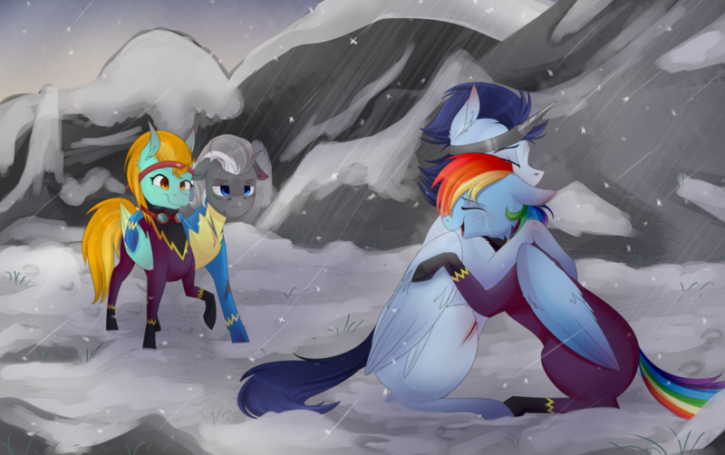 Size: 1024x642 | Tagged: safe, artist:chiweee, derpibooru import, lightning dust, rainbow dash, silver lining, silver zoom, soarin', pony, fanfic:piercing the heavens, beaten up, blushing, bruised, clothes, costume, crying, ear fluff, eyes closed, fake horn, female, floppy ears, frown, headband, hoofprints, hug, injured, male, mountain, open mouth, raised hoof, scar, shadowbolt dash, shadowbolts, shadowbolts costume, shipping, sitting, smiling, snow, snowfall, soarindash, standing, straight, tears of joy, tight clothing, tired, uniform, wonderbolts uniform