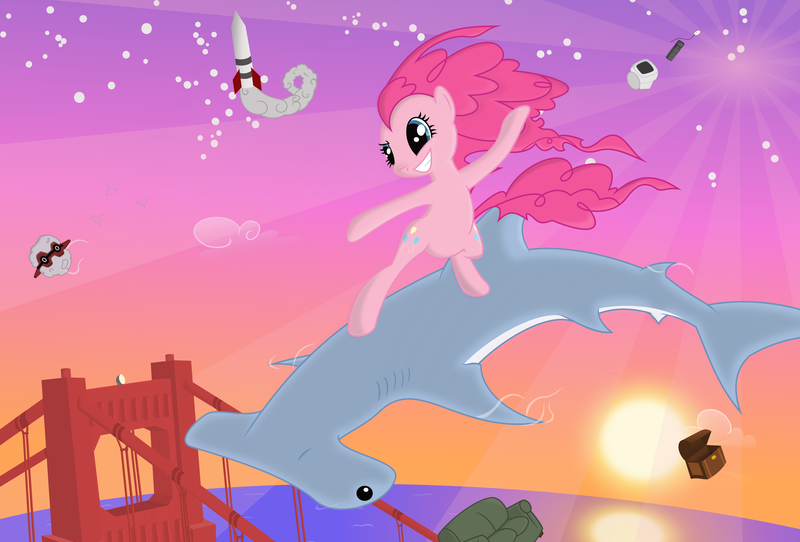 Size: 6000x4062 | Tagged: absurd resolution, artist:mahaugher, bridge, couch, derpibooru import, epic, forretress, hammerhead, hammerhead shark, pinkie pie, pokémon, safe, shark, shell, treasure chest, wat