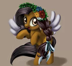 Size: 894x819 | Tagged: safe, artist:ailatf, derpibooru import, oc, oc:sunflower (ailatf), unofficial characters only, pegasus, pony, colored wings, female, flower, flower in hair, mare, multicolored wings, solo, two toned wings, wings