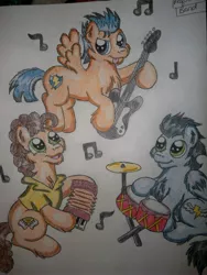 Size: 2736x3648 | Tagged: safe, artist:shelby100, derpibooru import, cheese sandwich, flash sentry, soarin', pony, accordion, backwards cutie mark, band, chest fluff, drums, ear fluff, fluffy, guitar, musical instrument, old cutie mark, traditional art