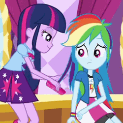 Size: 432x432 | Tagged: safe, derpibooru import, screencap, rainbow dash, twilight sparkle, twilight sparkle (alicorn), alicorn, equestria girls, equestria girls (movie), animated, bowtie, bracelet, brushing, carousel boutique, clothes, cropped, cute, jewelry, mirror, skirt, this is our big night, wristband
