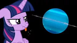 Size: 1024x576 | Tagged: safe, derpibooru import, twilight sparkle, twilight sparkle (alicorn), alicorn, pony, fanfic art, female, mare, planet, solo, tongue out, uranus