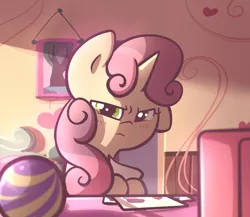 Size: 1150x1000 | Tagged: :<, artist:spikedmauler, ball, computer, derpibooru import, drawing, frown, glare, go ask sweetie belle, looking at you, paper, room, safe, scowl, solo, suspicious, sweetie belle