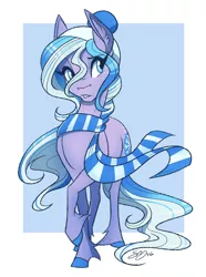 Size: 1000x1345 | Tagged: artist:probablyfakeblonde, bow, clothes, derpibooru import, freckles, g3, hat, oc, raised eyebrow, safe, scarf, simple background, snow, snowflake, solo, tail bow, toboggan (g3), toque, unshorn fetlocks