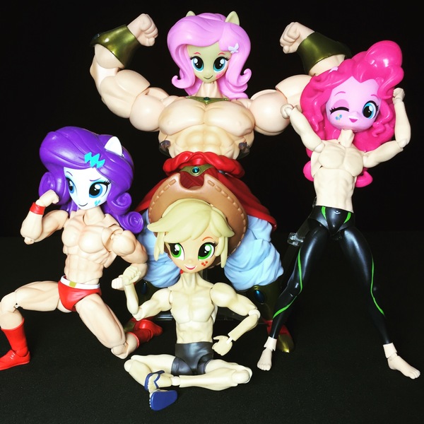 Size: 2221x2221 | Tagged: safe, derpibooru import, applejack, fluttershy, pinkie pie, rarity, friendship is manly, equestria girls, astro fighter sunred, broly, doll, dragon ball z, equestria girls minis, figma, free!, head swap, kinnikuman, makoto tachibana, not salmon, pillar men, sh figuarts, suguru kinniku, sunred, toy, wat