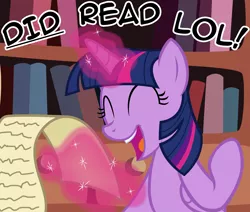 Size: 2964x2518 | Tagged: safe, artist:badumsquish, derpibooru import, twilight sparkle, twilight sparkle (alicorn), alicorn, pony, dialogue, did read, didn't read, dork, female, grin, happy, irrational exuberance, lol, magic, mare, meme, reading, scroll, smiling, solo, subverted meme, tl;dr, tl;r