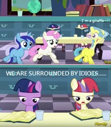 Size: 731x840 | Tagged: amending fences, book, comic, derpibooru import, discovery family logo, edit, edited screencap, female, filly, flaskhead hearts, i'm surrounded by idiots, lemon hearts, minuette, moondancer, safe, screencap, screencap comic, twilight sparkle, twinkleshine