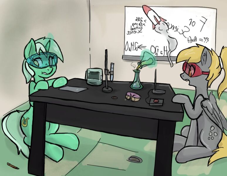 Size: 1218x946 | Tagged: safe, artist:^:3, derpibooru import, derpy hooves, lyra heartstrings, earth pony, pony, unicorn, beaker, chemistry, duo, ear fluff, erlenmeyer flask, flask, glowing horn, goggles, horn, magic, open mouth, ponytail, rocket, safety goggles, science, sitting, table, telekinesis, test tube, whiteboard