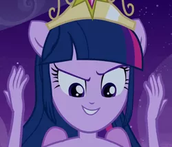 Size: 840x720 | Tagged: safe, derpibooru import, screencap, twilight sparkle, twilight sparkle (alicorn), alicorn, equestria girls, >:), >:d, cropped, element of magic, evil grin, glare, grin, ponied up, pure unfiltered evil, raised eyebrow, smiling, smirk, solo