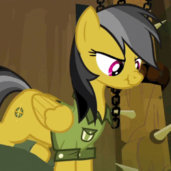 Size: 369x369 | Tagged: animated, clothes, cropped, cute, daring do, daring don't, daring dorable, derpibooru import, hatless, missing accessory, safe, screencap, scrunchy face, solo, stomping