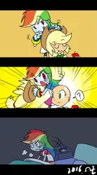 Size: 495x900 | Tagged: safe, artist:rvceric, derpibooru import, applejack, rainbow dash, equestria girls, apple, applejack's hat, bald, catapult nightmare, comic, cowboy hat, dream, food, hat, question mark, wig