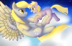 Size: 1004x651 | Tagged: safe, artist:natattack33, derpibooru import, derpy hooves, dinky hooves, pegasus, pony, equestria's best mother, female, flying, mare, mother and child, mother and daughter, night