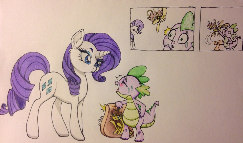 Size: 3192x1878 | Tagged: safe, artist:ameliacostanza, derpibooru import, rarity, spike, ponified, breezie, insect, pony, unicorn, wasp, avengers, avengers: earth's mightiest heroes, bag, crossover, janet van dyne, spikexwasp, traditional art