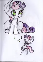 Size: 1426x2036 | Tagged: safe, artist:cutepencilcase, derpibooru import, sweetie belle, pony, bipedal, cutie mark, female, filly, music notes, singing, solo, the cmc's cutie marks, traditional art