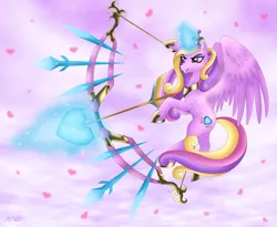 Size: 2629x2154 | Tagged: arrow, artist:rose-beuty, bow and arrow, bow (weapon), cupid, cupidance, derpibooru import, flying, grin, heart, holiday, magic, princess cadance, safe, smiling, solo, telekinesis, valentine's day, weapon