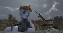 Size: 1576x830 | Tagged: safe, derpibooru import, oc, oc:littlepip, unofficial characters only, pony, unicorn, fallout equestria, fallout equestria (game), fanfic, 3d, ashes of equestria, clothes, cloud, cloudy, fanfic art, female, gun, handgun, horn, mare, overmare studios, pipbuck, revolver, solo, vault suit, video game, wasteland, weapon