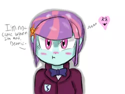 Size: 1024x768 | Tagged: safe, artist:mildockart, derpibooru import, sunny flare, equestria girls, friendship games, adoraflare, blatant lies, blushing, cute, dialogue, i'm not cute, looking at you, solo, tsundere, tsunflarere