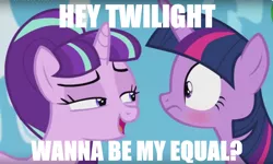 Size: 1322x792 | Tagged: safe, derpibooru import, edit, starlight glimmer, twilight sparkle, twilight sparkle (alicorn), alicorn, pony, the cutie re-mark, female, flirting, lesbian, mare, meme, pun, shipping, starlight's secret, text edit, twistarlight