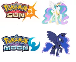 Size: 1096x888 | Tagged: derpibooru import, pokémon, pokémon moon, pokémon sun, pokémon sun and moon, princess celestia, princess luna, safe, sun vs moon