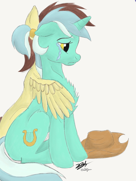 Size: 1536x2048 | Tagged: applejack's hat, artist:perle-de-suie, cowboy hat, crying, derpibooru import, hat, hug, lyra heartstrings, oc, safe, winghug