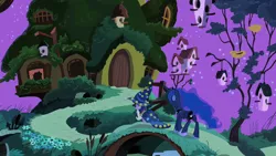 Size: 1280x720 | Tagged: safe, derpibooru import, screencap, princess luna, star swirl the bearded, twilight sparkle, alicorn, pony, unicorn, luna eclipsed, clothes, costume, fluttershy's cottage, night, nightmare night, nightmare night costume, star swirl the bearded costume