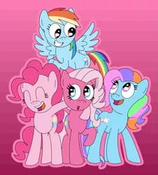 Size: 1935x2136 | Tagged: safe, artist:airedaledogz, artist:br8kspider, derpibooru import, pinkie pie, pinkie pie (g3), rainbow dash, rainbow dash (g3), :o, abstract background, confused, cute, dashabetes, diapinkes, duo, eyes closed, flying, g3, g3 to g4, generation leap, generational ponidox, grin, hoof around neck, image, open mouth, png, rainbow dash always dresses in style, raised hoof, smiling