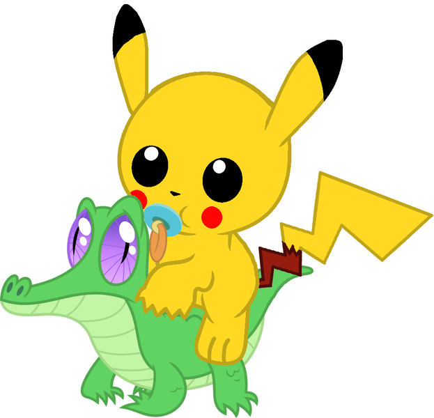 Size: 1056x1017 | Tagged: safe, artist:red4567, derpibooru import, gummy, alligator, pikachu, pony, crossover, cute, pacifier, pokémon, pokémon 20th anniversary, ponies riding gators, recolor, riding