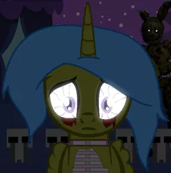Size: 510x516 | Tagged: grimdark, artist:westrail642fan, derpibooru import, oc, oc:crystal sky, unofficial characters only, alicorn, pony, alicorn oc, blood, crossover, crying child, five nights at freddy's, five nights at freddy's 3, glowing eyes, horn, springtrap, springtrapped, this will end in death, wings