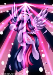 Size: 1024x1448 | Tagged: safe, artist:julunis14, derpibooru import, twilight sparkle, twilight sparkle (alicorn), alicorn, pony, feather, female, flying, magic, mare, solo, strobe lights