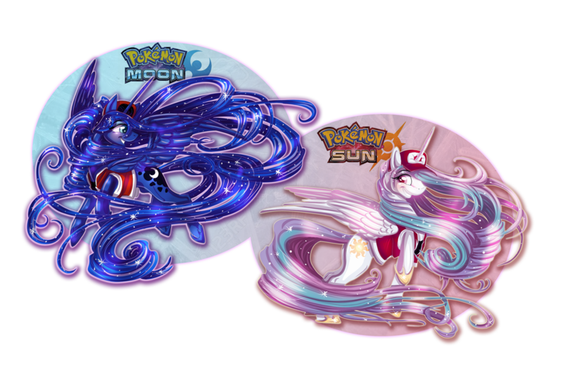 Size: 1296x875 | Tagged: artist:lazeros, clothes, crossover, derpibooru import, grin, hat, long hair, pokémon, pokémon moon, pokémon sun, pokémon sun and moon, princess celestia, princess luna, safe, smiling, sun vs moon