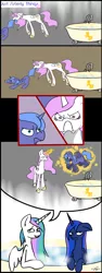 Size: 1024x2731 | Tagged: safe, artist:riracreations, derpibooru import, princess celestia, princess luna, alicorn, pony, :c, >:c, bath, bathtub, celestia is not amused, cewestia, comic, faic, female, filly, flashback, floppy ears, forced bathing, frown, luna is not amused, magic, pink-mane celestia, siblings, sisters, telekinesis, unamused, wet, wet mane, woona, younger