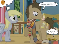 Size: 2048x1536 | Tagged: safe, derpibooru import, edit, edited screencap, screencap, derpy hooves, doctor whooves, time turner, pegasus, pony, slice of life (episode), angry, clothes, discovery family logo, doctorderpy, female, food, like a million bits, male, mare, muffin, scarf, shipping, speech bubble, straight, town hall