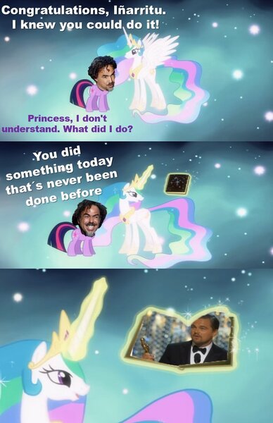 Size: 600x927 | Tagged: alejandro gonzález iñárritu, barely pony related, celestia's ballad, derpibooru import, head swap, human, irl, irl human, leonardo dicaprio, magical mystery cure, meme, meta, obligatory pony, oscar, photo, princess celestia, princess celestia's special princess making dimension, safe, text, twitter