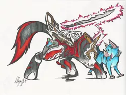 Size: 1024x771 | Tagged: safe, artist:yeetsun116, derpibooru import, ponified, pony, clothes, excalibur (warframe), solo, suit, video game, warframe, weapon