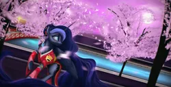 Size: 1600x810 | Tagged: alternate hairstyle, artist:glowingunicorn, cherry blossoms, clothes, derpibooru import, flower, flower blossom, garden, kimono (clothing), moon, princess luna, safe, solo, water