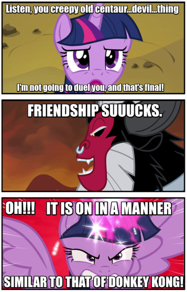 Size: 845x1316 | Tagged: safe, derpibooru import, screencap, lord tirek, twilight sparkle, twilight sparkle (alicorn), alicorn, pony, twilight's kingdom, angry, caption, crump, donkey kong, female, friendship, image macro, mare, meme, reference, tea gardner, text, twilight vs tirek, yu-gi-oh!, yugioh abridged