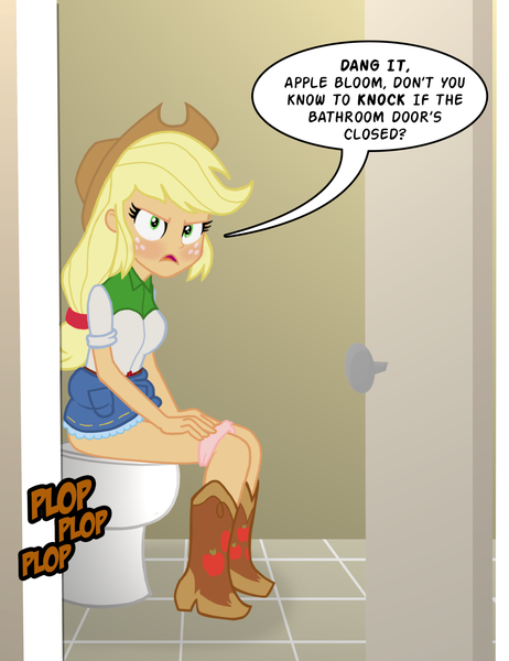 Size: 1280x1661 | Tagged: suggestive, artist:micro, artist:microscribbles, derpibooru import, apple bloom, applejack, equestria girls, applejack's hat, blushing, but why, clothes, cowboy hat, hat, implied scat, onomatopoeia, panties, panties around legs, panties pulled down, pink underwear, plop, poop, pooping, potty time, sound effects, toilet, underwear