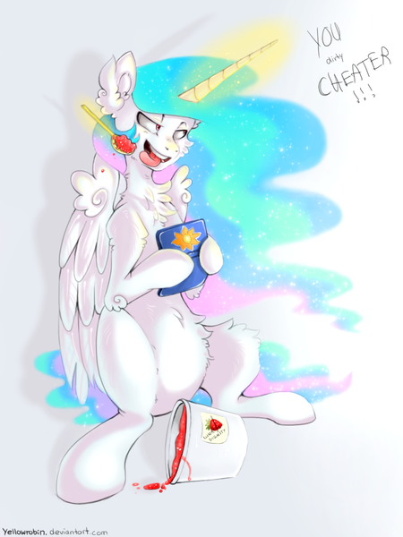 Size: 900x1200 | Tagged: safe, artist:yellowrobin, derpibooru import, princess celestia, chest fluff, fluffy, food, ice cream, magic, pokémon, pokémon sun, solo, telekinesis, tongue out