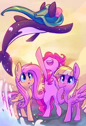 Size: 700x1024 | Tagged: andrea libman, artist:meekcheep, derpibooru import, everfree northwest, fluttershy, hybrid, jumping, meadow flower, merpony, nose in the air, oc, oc:marina (efnw), orca, orca pony, original species, pinkie pie, ponysona, safe, voice actor joke